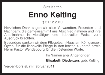 Traueranzeige von Enno Kelting von KREISZEITUNG SYKE