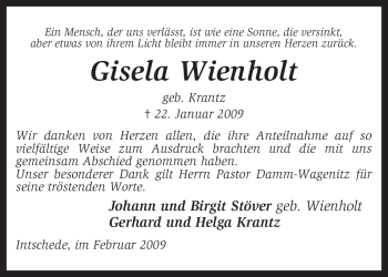 Traueranzeige von Gisela Wienholt von KREISZEITUNG SYKE