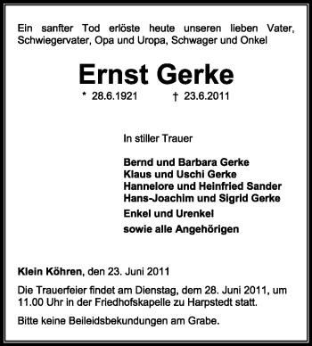 Traueranzeige von Ernst Gerke von KREISZEITUNG SYKE