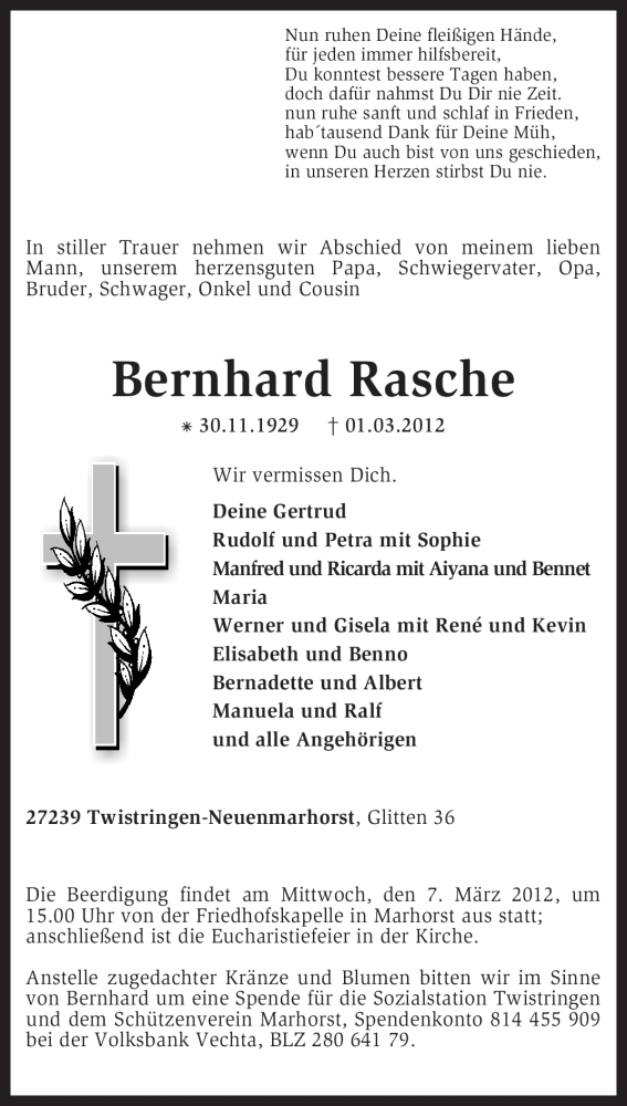  Traueranzeige für Bernhard Rasche vom 03.03.2012 aus KREISZEITUNG SYKE