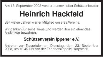 Traueranzeige von Heinrich Hackfeld von KREISZEITUNG SYKE