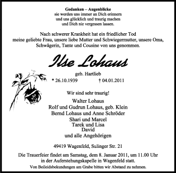 Traueranzeige von Ilse Lohaus von KREISZEITUNG SYKE