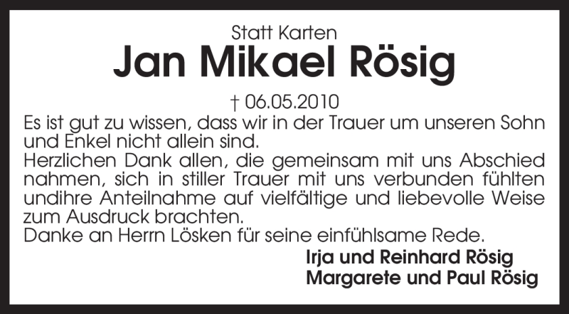  Traueranzeige für Jan Mikael Rösig vom 05.06.2010 aus KREISZEITUNG SYKE