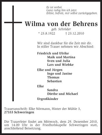 Traueranzeige von Wilma von der Behrens von KREISZEITUNG SYKE