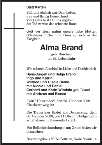 Traueranzeige von Alma Brand von KREISZEITUNG SYKE