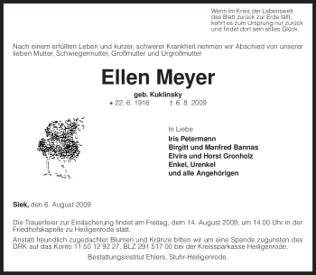 Traueranzeige von Ellen Meyer von KREISZEITUNG SYKE