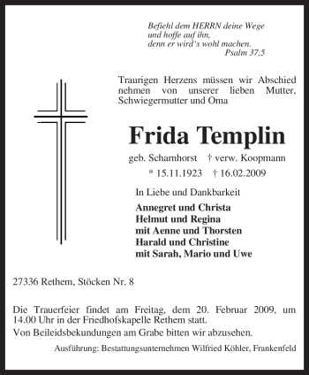 Traueranzeige von Frida Templin von KREISZEITUNG SYKE