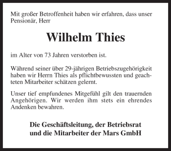 Traueranzeige von Wilhelm Thies von KREISZEITUNG SYKE