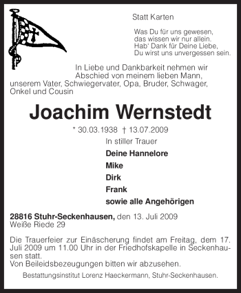 Traueranzeige von Joachim Wernstedt von KREISZEITUNG SYKE