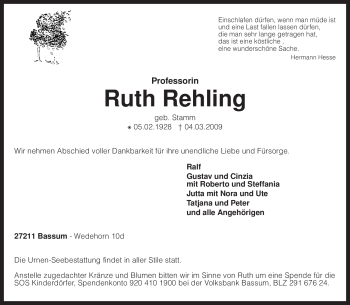 Traueranzeige von Ruth Rehling von KREISZEITUNG SYKE