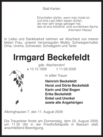 Traueranzeige von Irmgard Beckefeldt von KREISZEITUNG SYKE