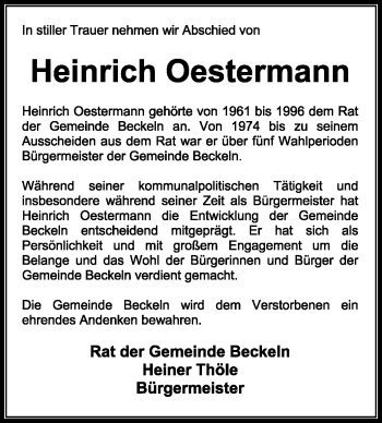 Traueranzeige von Heinrich Oestermann von KREISZEITUNG SYKE