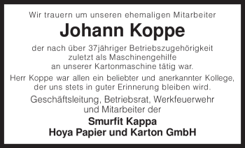 Traueranzeige von Johann Koppe von KREISZEITUNG SYKE