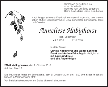 Traueranzeige von Anneliese Habighorst von KREISZEITUNG SYKE