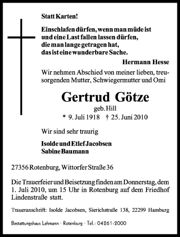 Traueranzeige von Gertrud Götze von KREISZEITUNG SYKE