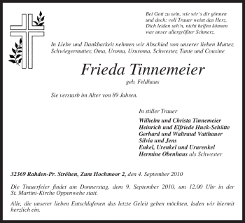 Traueranzeige von Frieda Tinnemeier von KREISZEITUNG SYKE