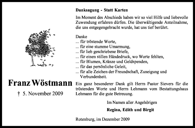  Traueranzeige für Franz Wöstmann vom 05.12.2009 aus KREISZEITUNG SYKE