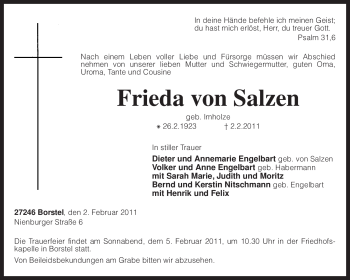 Traueranzeige von Frieda von Salzen von KREISZEITUNG SYKE