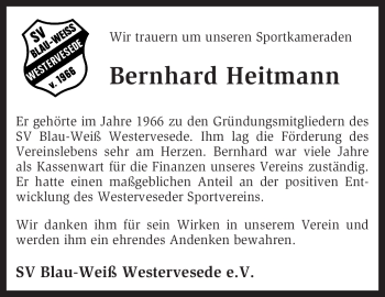 Traueranzeige von Bernhard Heitmann von KREISZEITUNG SYKE