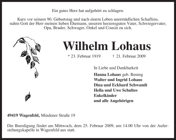 Traueranzeige von Wilhelm Lohaus von KREISZEITUNG SYKE