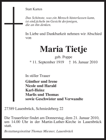 Traueranzeige von Maria Tietje von KREISZEITUNG SYKE