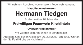 Traueranzeige von Hermann Tiedgen von KREISZEITUNG SYKE