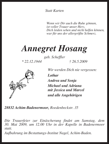 Traueranzeige von Annegret Hosang von KREISZEITUNG SYKE