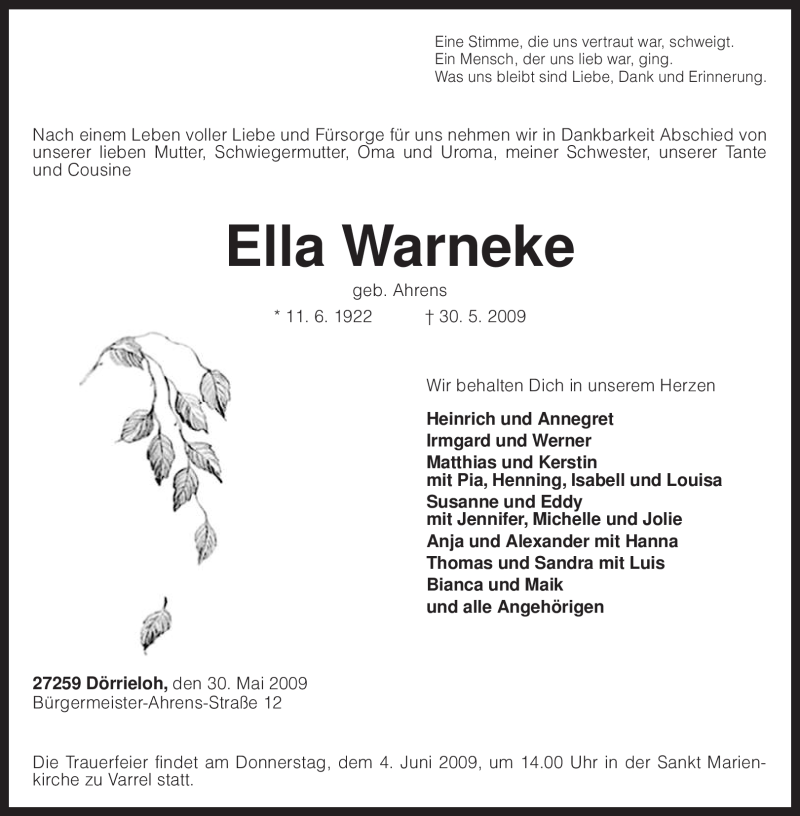  Traueranzeige für Ella Warneke vom 02.06.2009 aus KREISZEITUNG SYKE