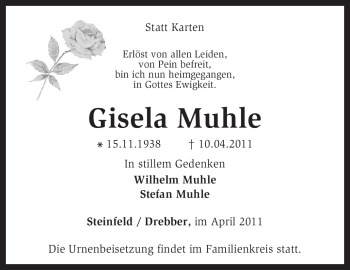 Traueranzeige von Gisela Muhle von KREISZEITUNG SYKE