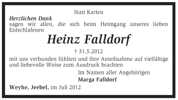 Traueranzeige von Heinz Falldorf von KREISZEITUNG SYKE