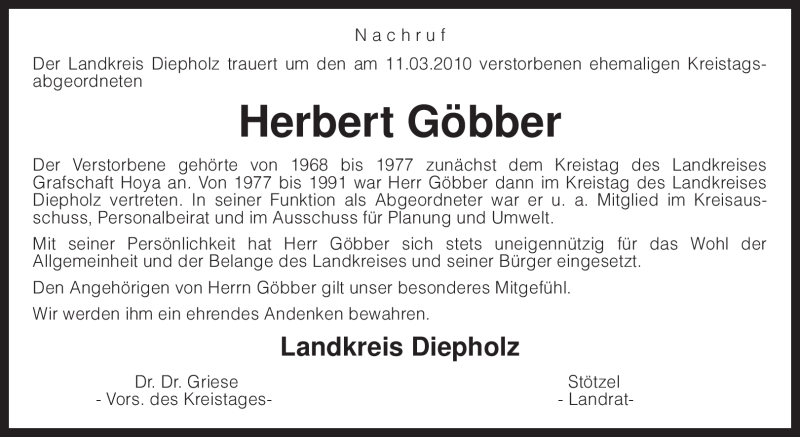  Traueranzeige für Herbert Göbber vom 17.03.2010 aus KREISZEITUNG SYKE