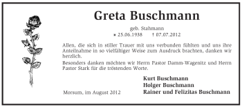 Traueranzeige von Greta Buschmann von KREISZEITUNG SYKE