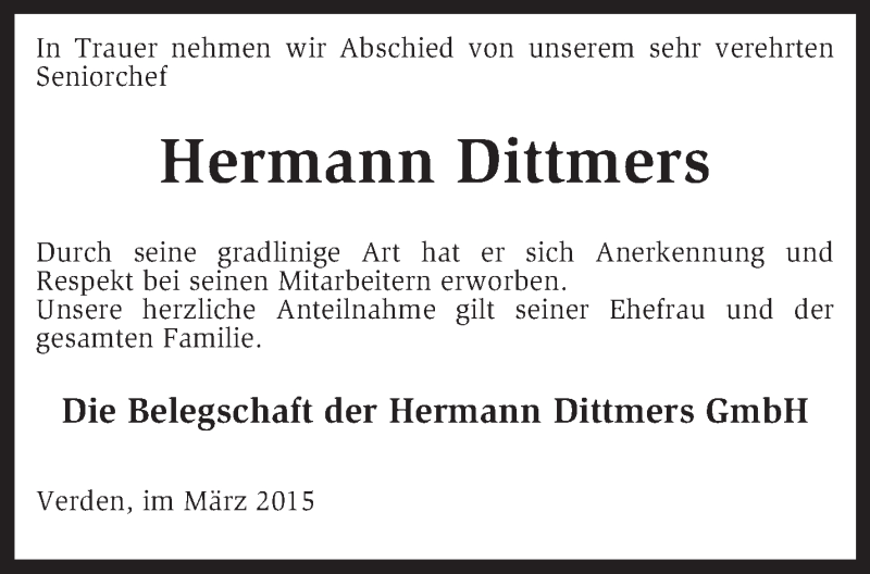  Traueranzeige für Hermann Dittmers vom 19.03.2015 aus KRZ
