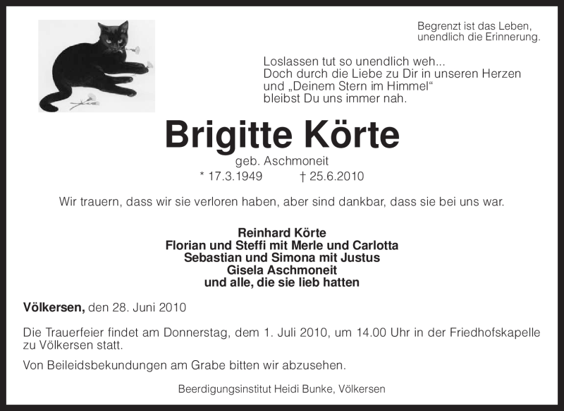  Traueranzeige für Brigitte Körte vom 28.06.2010 aus KREISZEITUNG SYKE