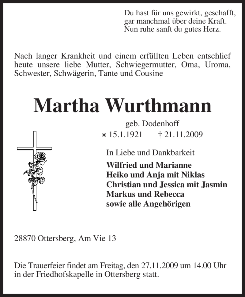 Traueranzeige für Martha Wurthmann vom 24.11.2009 aus KREISZEITUNG SYKE