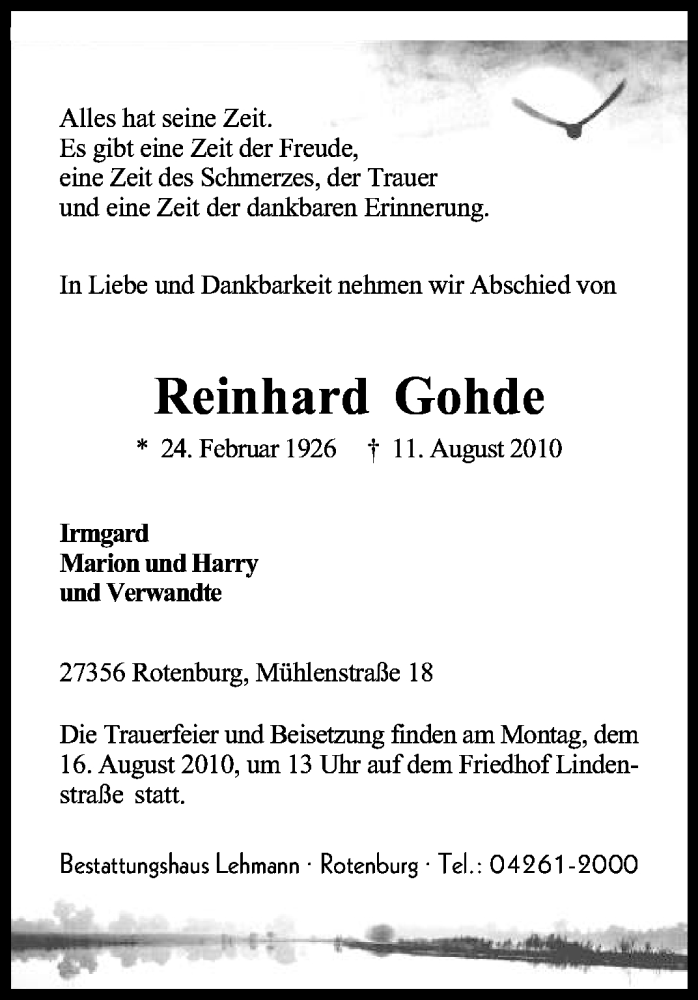  Traueranzeige für Reinhard Gohde vom 13.08.2010 aus KREISZEITUNG SYKE