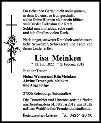 Traueranzeige von Lisa Meinken von KREISZEITUNG SYKE