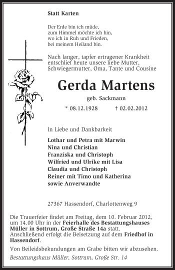 Traueranzeige von Gerda Martens von KREISZEITUNG SYKE