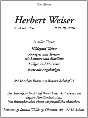Traueranzeige von Herbert Weiser von KREISZEITUNG SYKE