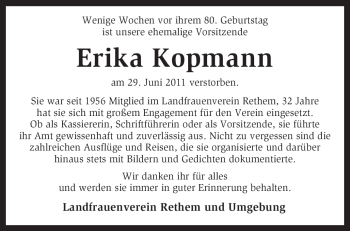 Traueranzeige von Erika Kopmann von KREISZEITUNG SYKE