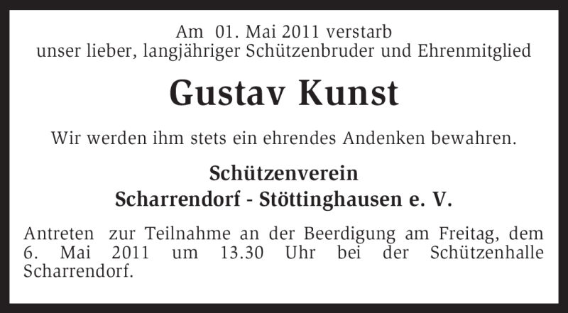 Traueranzeige für Gustav Kunst vom 03.05.2011 aus KREISZEITUNG SYKE