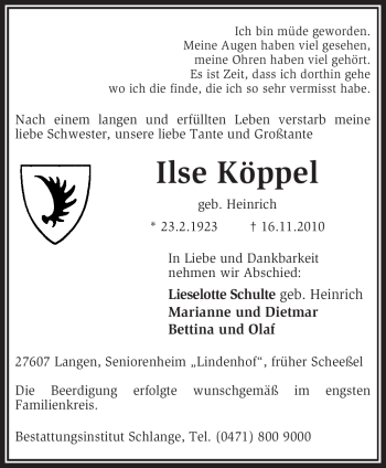 Traueranzeige von Ilse Köppel von KREISZEITUNG SYKE