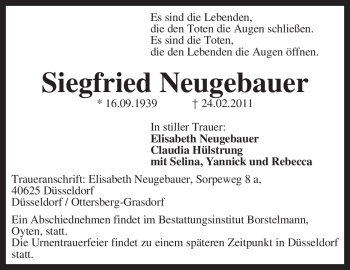 Traueranzeige von Siegfried Neugebauer von KREISZEITUNG SYKE