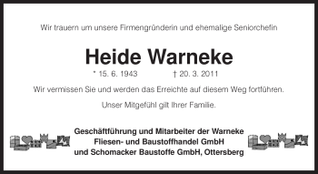 Traueranzeige von Heide Warneke von KREISZEITUNG SYKE