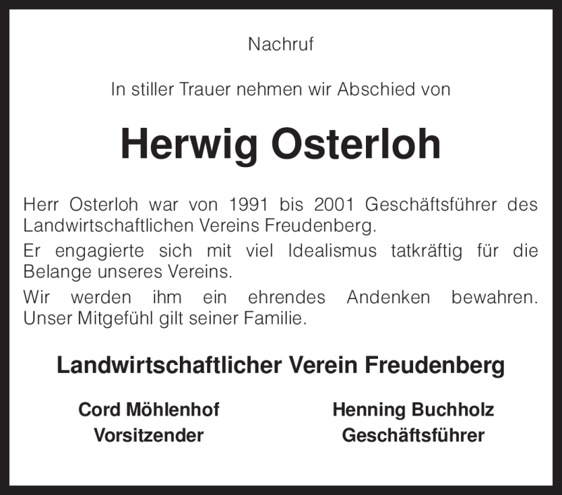  Traueranzeige für Herwig Osterloh vom 09.07.2009 aus KREISZEITUNG SYKE