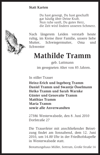 Traueranzeige von Mathilde Tramm von KREISZEITUNG SYKE