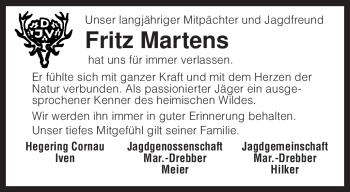 Traueranzeige von Fritz Martens von KREISZEITUNG SYKE