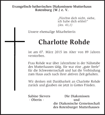 Traueranzeige von Charlotte Rohde von KRZ