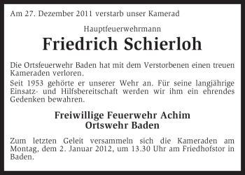 Traueranzeige von Friedrich Schierloh von KREISZEITUNG SYKE