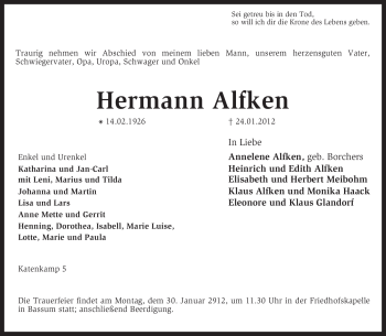 Traueranzeige von Herman Alfken von KREISZEITUNG SYKE